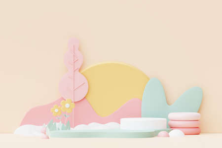 Abstract Pastel of nature, flowers leaves and tree plants with Podium stand platform. Cute Cartoon...