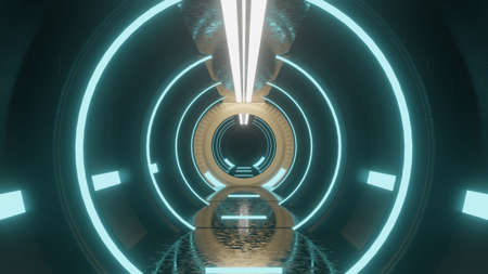 Spaceship Science ficiton Room Tunnel. Abstract colorful neon glowing light background. Speed light illuminated. Florescent on the dark scene. Curvy moving line shape. 3D render.の写真素材