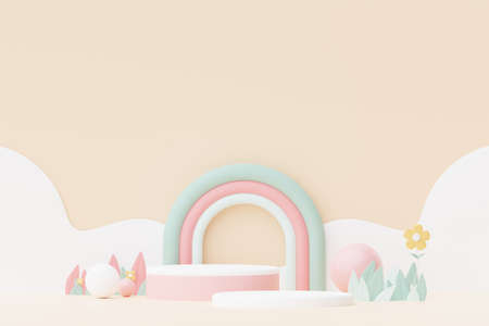Abstract Pastel of nature, flowers leaves and tree plants with Podium stand platform. Cute Cartoon natural landscape background. Scene of spring colorful plants with minimal design. 3D Render.の写真素材