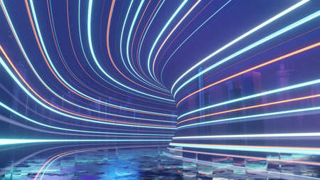 3d render of Cyber night mega city landscape scene. Light glowing and reflection on dark tech scene. Night life. Technology network for 5g. Beyond futuristic of Sci-Fi Capital city and building scene.の写真素材