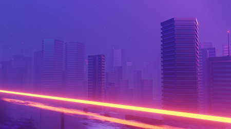 3d render of Cyber night mega city landscape scene. Light glowing and reflection on dark tech scene. Night life. Technology network for 5g. Beyond futuristic of Sci-Fi Capital city and building scene.の写真素材