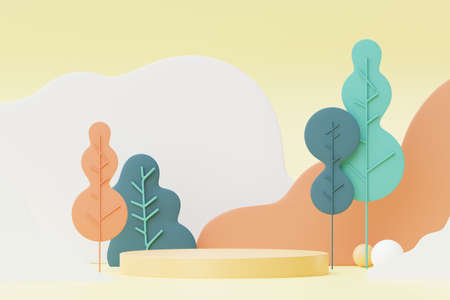 Abstract Pastel of nature, flowers leaves and tree plants with Podium stand platform. Cute Cartoon natural landscape background. Scene of spring colorful plants with minimal design. 3D Render.の写真素材