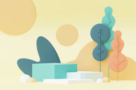 Abstract Pastel of nature, flowers leaves and tree plants with Podium stand platform. Cute Cartoon natural landscape background. Scene of spring colorful plants with minimal design. 3D Render.の写真素材