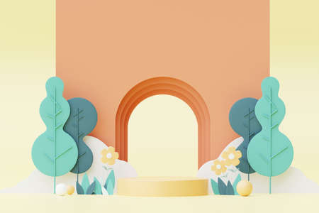 Abstract Pastel of nature, flowers leaves and tree plants with Podium stand platform. Cute Cartoon natural landscape background. Scene of spring colorful plants with minimal design. 3D Render.の写真素材