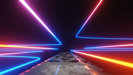 Abstract colorful neon glowing light background. Speed light illuminated. Florescent on the dark scene. Curvy moving line shape. 3D render.の写真素材