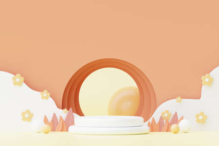 Abstract Pastel of nature, flowers leaves and tree plants with Podium stand platform. Cute Cartoon natural landscape background. Scene of spring colorful plants with minimal design. 3D Render.の写真素材