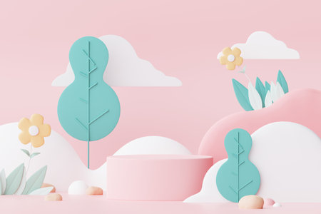 Abstract Pastel of nature, flowers leaves and tree plants with Podium stand platform. Cute Cartoon natural landscape background. Scene of spring colorful plants with minimal design. 3D Render.の写真素材