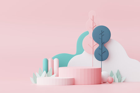 Abstract Pastel of nature, flowers leaves and tree plants with Podium stand platform. Cute Cartoon natural landscape background. Scene of spring colorful plants with minimal design. 3D Render.の写真素材