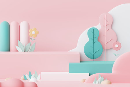 Abstract Pastel of nature, flowers leaves and tree plants with Podium stand platform. Cute Cartoon natural landscape background. Scene of spring colorful plants with minimal design. 3D Render.の写真素材