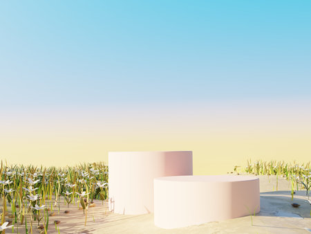 Abstract Pastel of nature, flowers leaves and tree plants with Podium stand platform. Surreal Desert natural landscape background. Scene of Desert with  oasis land with minimal design. 3D Render.の写真素材