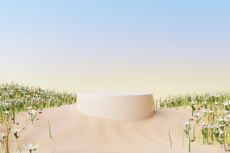 Abstract Pastel of nature, flowers leaves and tree plants with Podium stand platform. Surreal Desert natural landscape background. Scene of Desert with  oasis land with minimal design. 3D Render.の写真素材