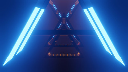 Spaceship Science ficiton Room Tunnel. Abstract colorful neon glowing light background. Speed light illuminated. Florescent on the dark scene. Curvy moving line shape. 3D render.の写真素材