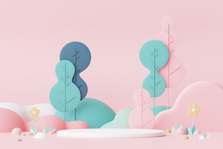 Abstract Pastel of nature, flowers leaves and tree plants with Podium stand platform. Cute Cartoon natural landscape background. Scene of spring colorful plants with minimal design. 3D Render.の写真素材