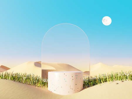 Abstract Pastel of nature, flowers leaves and tree plants with Podium stand platform. Surreal Desert natural landscape background. Scene of Desert with  oasis land with minimal design. 3D Render.の写真素材
