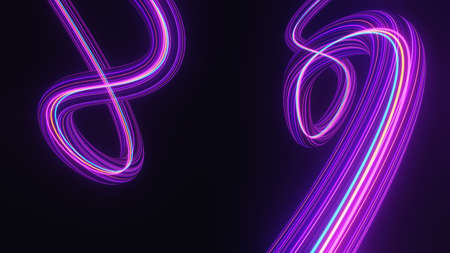Abstract colorful neon glowing light background. Speed light illuminated. Florescent on the dark scene. Curvy moving line shape. 3D render.の写真素材
