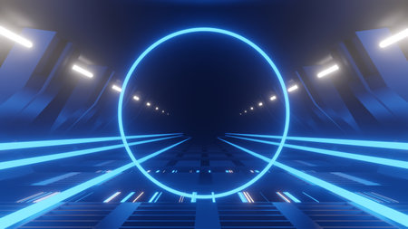 Spaceship Science ficiton Room Tunnel. Abstract colorful neon glowing light background. Speed light illuminated. Florescent on the dark scene. Curvy moving line shape. 3D render.の写真素材
