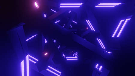 Spaceship Science ficiton Room Tunnel. Abstract colorful neon glowing light background. Speed light illuminated. Florescent on the dark scene. Curvy moving line shape. 3D render.の写真素材