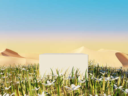 Abstract Pastel of nature, flowers leaves and tree plants with Podium stand platform. Surreal Desert natural landscape background. Scene of Desert with  oasis land with minimal design. 3D Render.の写真素材
