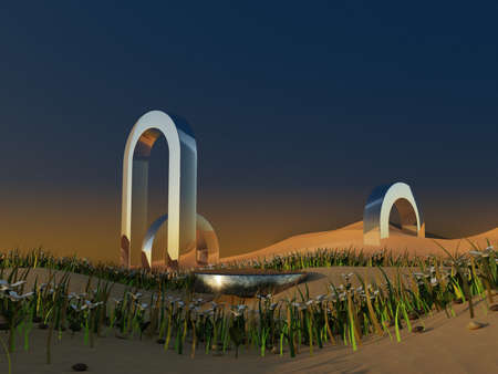 Abstract Pastel of nature, flowers leaves and tree plants with Podium stand platform. Surreal Night Desert natural landscape with mirror arches and night sky background. 3D Render.の写真素材