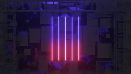 Abstract colorful neon glowing light background. Speed light illuminated. Florescent on the dark scene. Curvy moving line shape. 3D render.の写真素材
