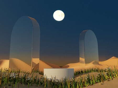 Abstract Pastel of nature, flowers leaves and tree plants with Podium stand platform. Surreal Night Desert natural landscape with mirror arches and night sky background. 3D Render.の写真素材