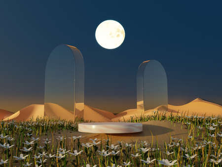 Abstract Pastel of nature, flowers leaves and tree plants with Podium stand platform. Surreal Night Desert natural landscape with mirror arches and night sky background. 3D Render.の写真素材