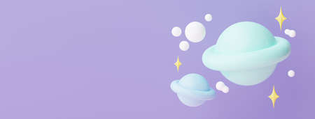3d render of planet star and moon  that floating on the air at night with purple lilac background. Abstract scene of pastel ball, bubble soaps , or blobs in pastel colors. Magic scene.の写真素材
