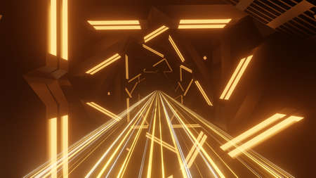 Spaceship Science ficiton Room Tunnel. Abstract colorful neon glowing light background. Speed light illuminated. Florescent on the dark scene. Curvy moving line shape. 3D render.の写真素材