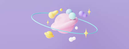 3d render of planet star and moon  that floating on the air at night with purple lilac background. Abstract scene of pastel ball, bubble soaps , or blobs in pastel colors. Magic scene.の写真素材