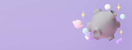 3d render of planet star and moon  that floating on the air at night with purple lilac background. Abstract scene of pastel ball, bubble soaps , or blobs in pastel colors. Magic scene.の写真素材