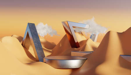 Abstract Dune cliff sand with metallic Podium stand platform. Surreal Desert natural landscape...