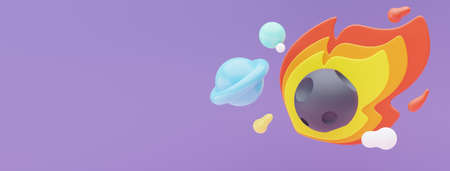 3d render of planet star and moon  that floating on the air at night with purple lilac background. Abstract scene of pastel ball, bubble soaps , or blobs in pastel colors. Magic scene.の写真素材