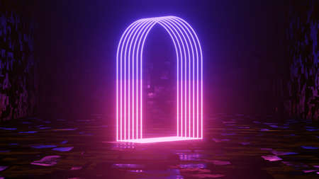 Abstract colorful neon glowing light background. Speed light illuminated. Florescent on the dark scene. Curvy moving line shape. 3D render.の写真素材