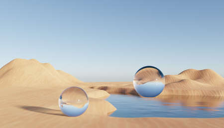 Abstract Dune cliff sand with metallic Arches and clean blue cloud sky. Surreal minimal Desert natural landscape background. Scene of Desert with glossy metallic arches geometric design. 3D Render.の写真素材