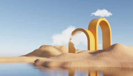 Abstract Dune cliff sand with metallic Arches and clean blue cloud sky. Surreal minimal Desert natural landscape background. Scene of Desert with glossy metallic arches geometric design. 3D Render.の写真素材