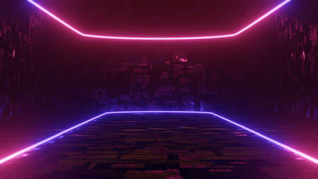 Abstract colorful neon glowing light background. Speed light illuminated. Florescent on the dark scene. Curvy moving line shape. 3D render.の写真素材