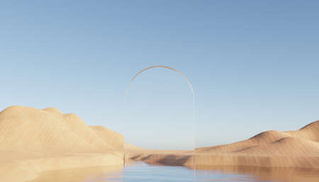 Abstract Dune cliff sand with metallic Arches and clean blue cloud sky. Surreal minimal Desert natural landscape background. Scene of Desert with glossy metallic arches geometric design. 3D Render.の写真素材