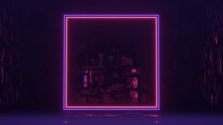 Abstract colorful neon glowing light background. Speed light illuminated. Florescent on the dark scene. Curvy moving line shape. 3D render.の写真素材