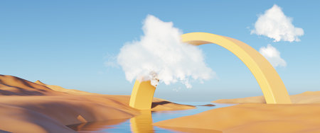 Abstract Dune cliff sand with metallic Arches and clean blue cloud sky. Surreal minimal Desert natural landscape background. Scene of Desert with glossy metallic arches geometric design. 3D Render.の写真素材