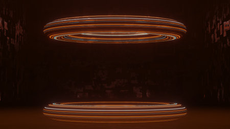 Abstract colorful neon glowing light background. Speed light illuminated. Florescent on the dark scene. Curvy moving line shape. 3D render.の写真素材
