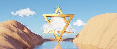 Abstract Dune cliff sand with metallic Arches and clean blue cloud sky. Surreal minimal Desert natural landscape background. Scene of Desert with glossy metallic arches geometric design. 3D Render.の写真素材