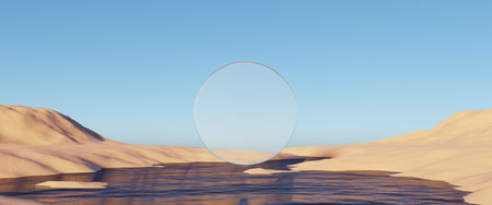 Abstract Dune cliff sand with metallic Arches and clean blue cloud sky. Surreal minimal Desert natural landscape background. Scene of Desert with glossy metallic arches geometric design. 3D Render.の写真素材