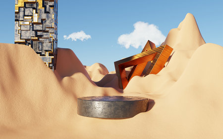 Abstract Dune cliff sand with metallic Podium stand platform. Surreal Desert natural landscape background. Scene of Desert with glossy metallic arches geometric design. 3D Render.の写真素材