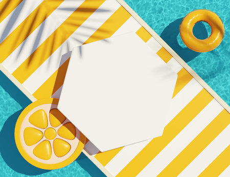 3d render top view of white blank cylinder frame for mock up and display products with water Caustics below swimming pool or shiny rays. Ripple Caustics. Summer background. Creative idea concept.の写真素材