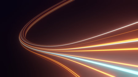 Abstract colorful neon glowing light background. Speed light illuminated. Florescent on the dark scene. Curvy moving line shape. 3D render.の写真素材