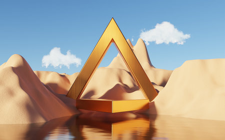 Abstract Dune cliff sand with metallic Podium stand platform. Surreal Desert natural landscape background. Scene of Desert with glossy metallic arches geometric design. 3D Render.の写真素材