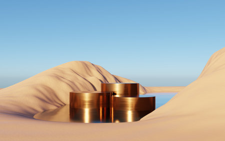 Abstract Dune cliff sand with metallic Podium stand platform. Surreal Desert natural landscape background. Scene of Desert with glossy metallic arches geometric design. 3D Render.の写真素材