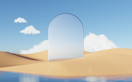 Abstract Dune cliff sand with metallic Arches and clean blue cloud sky. Surreal minimal Desert natural landscape background. Scene of Desert with glossy metallic arches geometric design. 3D Render.の写真素材