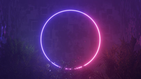 Abstract colorful neon glowing light background. Speed light illuminated. Florescent on the dark scene. Curvy moving line shape. 3D render.の写真素材