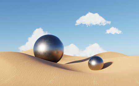Abstract Dune cliff sand with metallic Arches and clean blue cloud sky. Surreal minimal Desert natural landscape background. Scene of Desert with glossy metallic arches geometric design. 3D Render.の写真素材